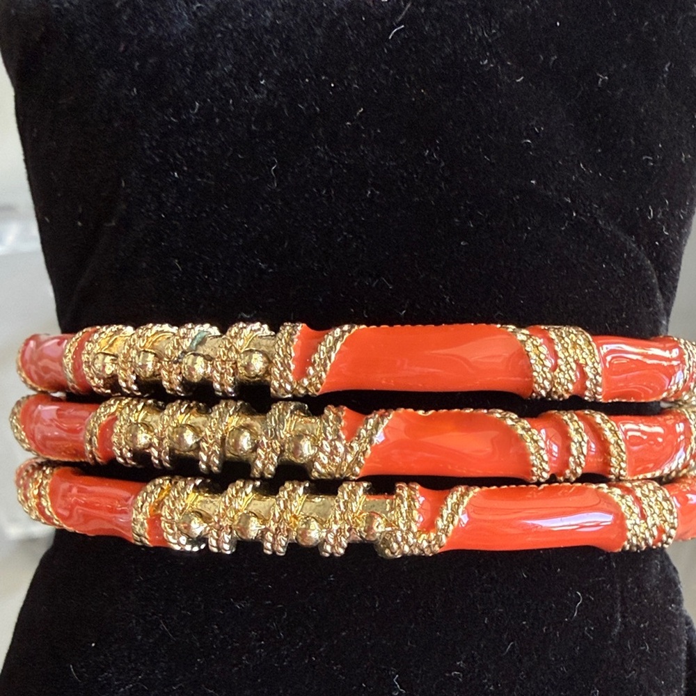 Gold-Tone & Coral Enamel Bangle Bracelet Set - Women Jewelry